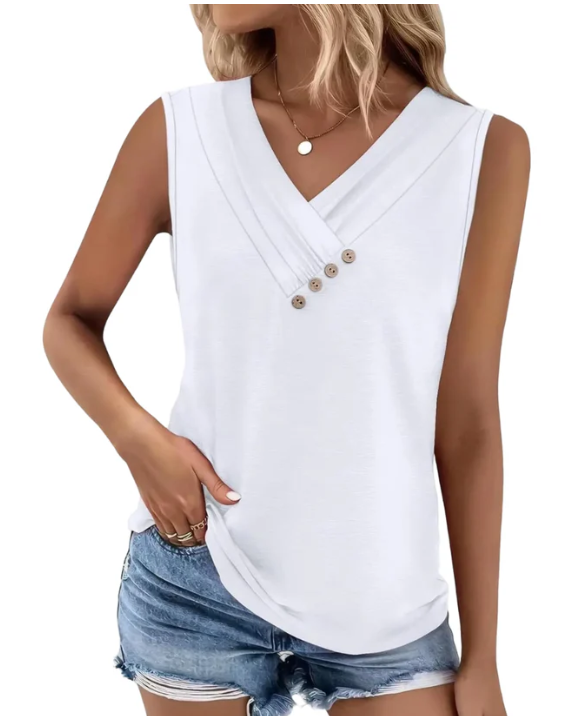 Women Summer Button Down V Neck T Shirts Sleeveless Loose Fit Fashion Tops