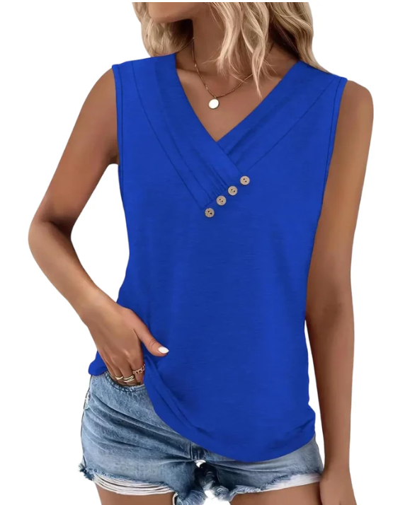 Women Summer Button Down V Neck T Shirts Sleeveless Loose Fit Fashion Tops