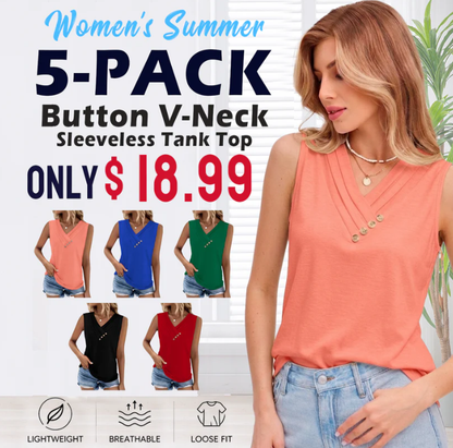 Women Summer Button Down V Neck T Shirts Sleeveless Loose Fit Fashion Tops