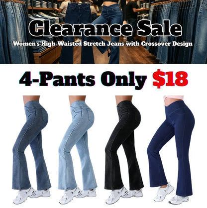 Women's High-Waisted Stretch Jeans with Crossover Design — Slim-Fit Flared Denim Leggings