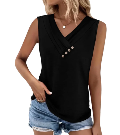 Women Summer Button Down V Neck T Shirts Sleeveless Loose Fit Fashion Tops