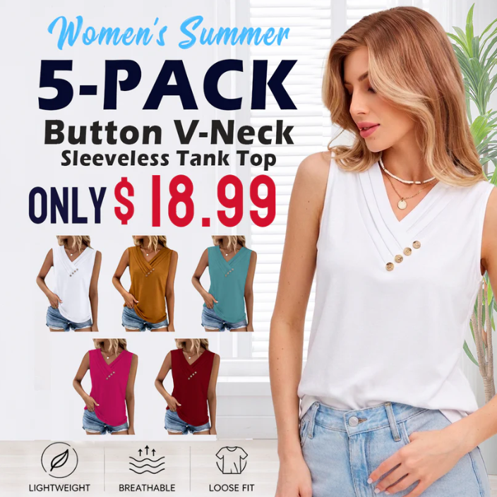 Women Summer Button Down V Neck T Shirts Sleeveless Loose Fit Fashion Tops