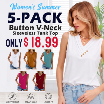 Women Summer Button Down V Neck T Shirts Sleeveless Loose Fit Fashion Tops