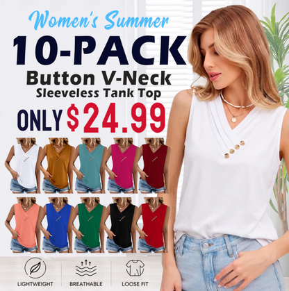 Women Summer Button Down V Neck T Shirts Sleeveless Loose Fit Fashion Tops